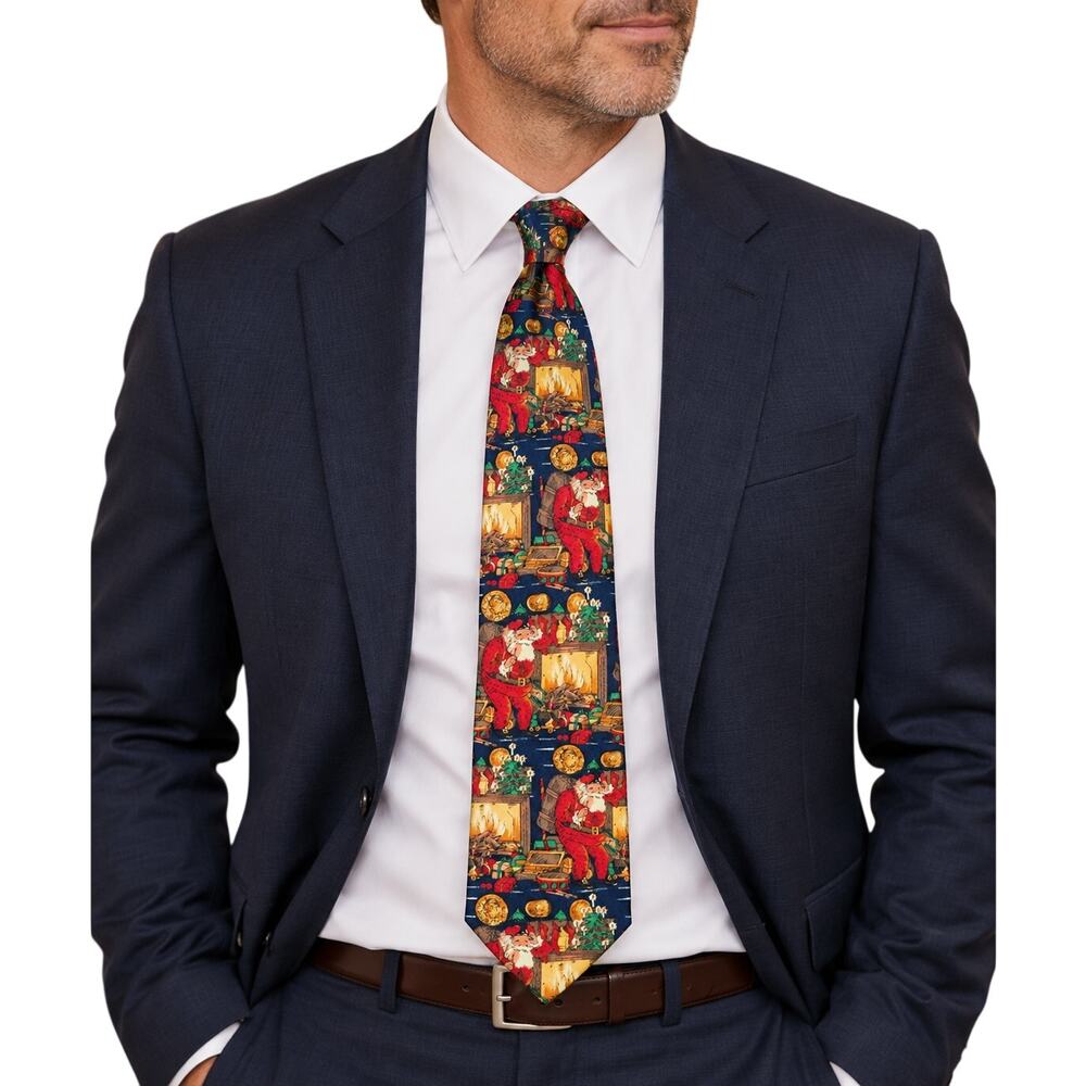 Robert Talbott for I. Magnin Santa Claus Christmas Silk Tie Hand Sewn 1990s